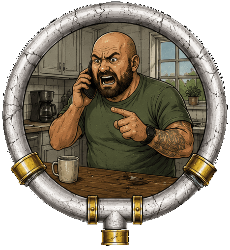 Illustration: a man in his kitchen shouting into his phone and pointing