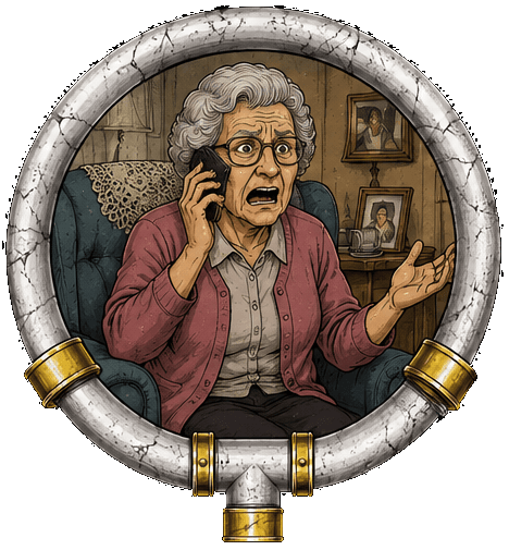 Illustration: a grandmother in her armchair, bewildered by her phone