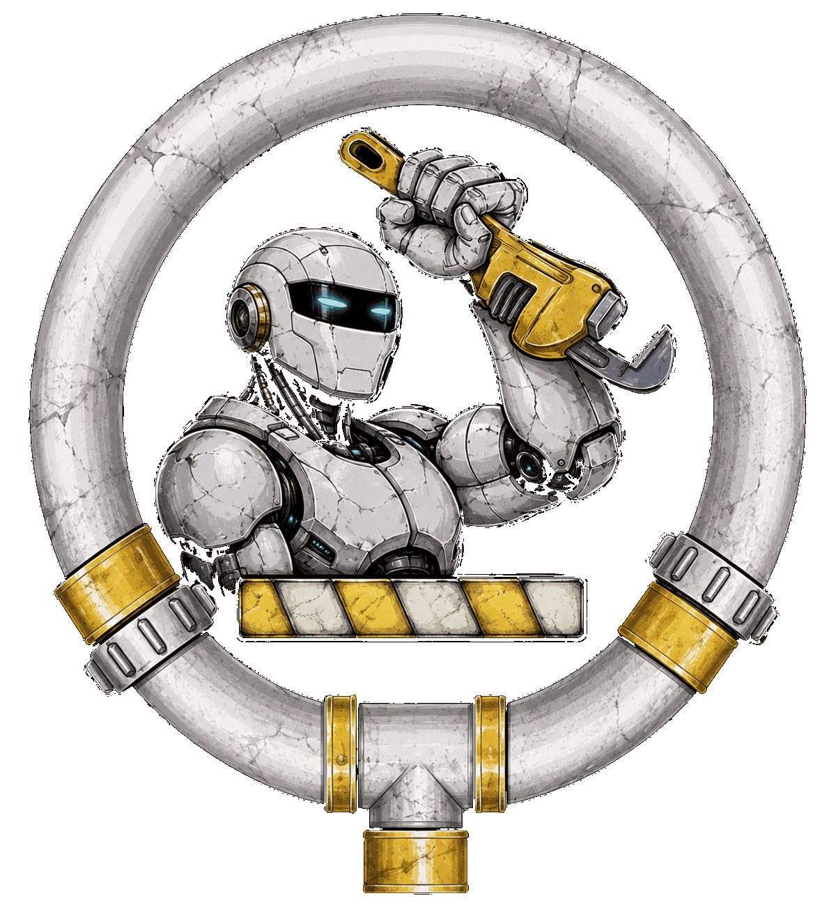Illustration: a white robot triumphantly holds a pipe wrench inside a pipe-ring badge