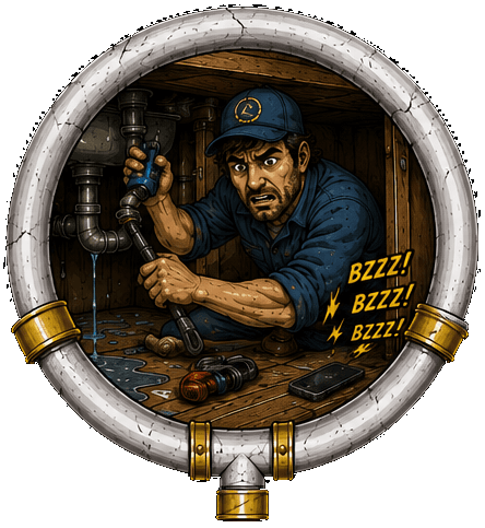 Illustration: a plumber elbow-deep in dripping pipes while his phone buzzes