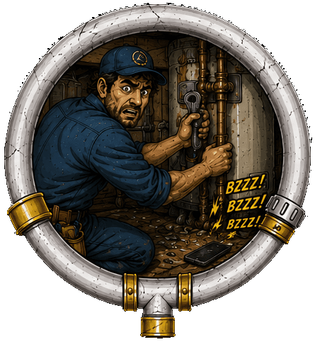 Illustration: a plumber wrenching a water heater fitting, phone buzzing